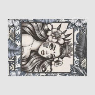Polynesian Princess Blue Floral Tribal Tissue Paper