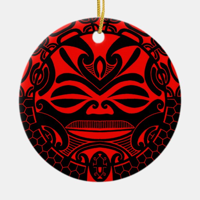 Polynesian tiki mask design ceramic ornament (Front)