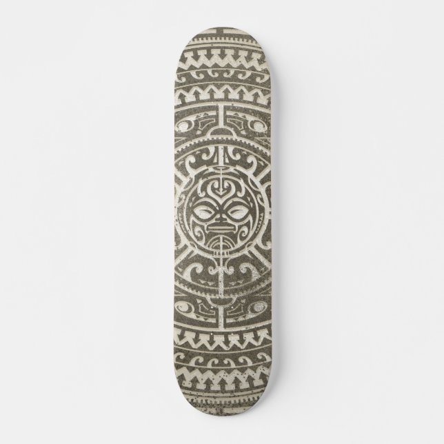 Polynesian Tribal Face Brown Skateboard (Front)