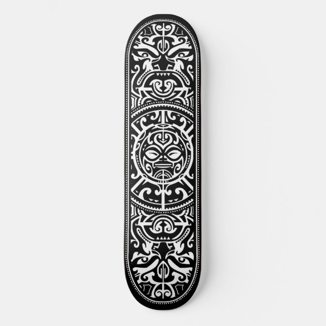 Polynesian Tribal Face Wood Grain Skateboard (Front)