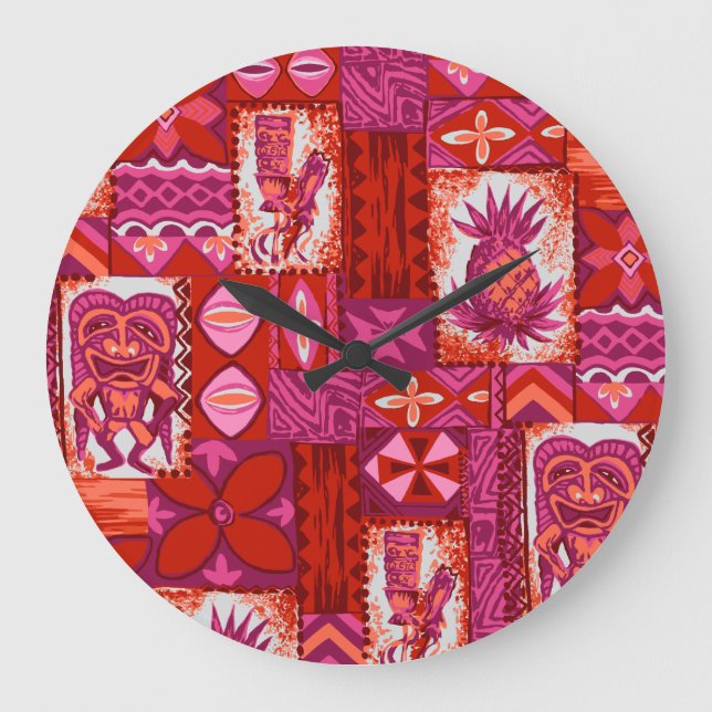 Pomaika’i Tiki Hawaiian Vintage Tapa Large Clock (Front)