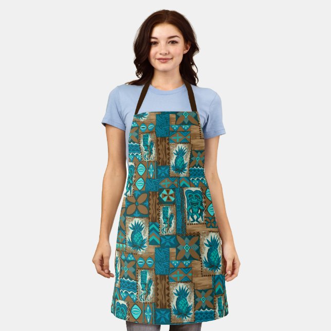 Pomaika’i Tiki Hawaiian Vintage Tapa Teal Apron (Worn)