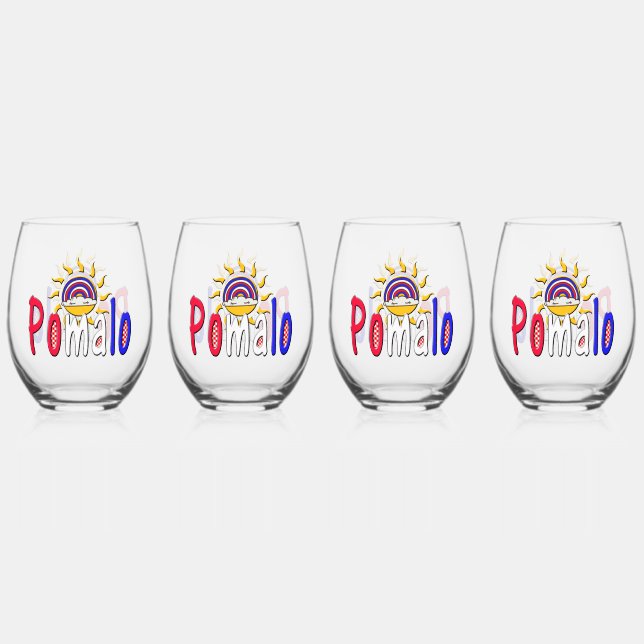 Pomalo – Croatian Relaxation with Sun & Rainbow  Stemless Wine Glass (Front)