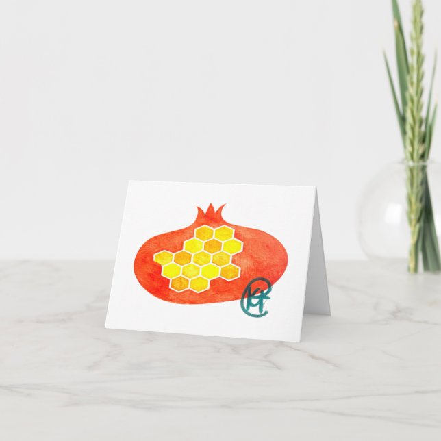 Pomegranate and Honeycomb Rosh Hashana Art Thank You Card (Front)