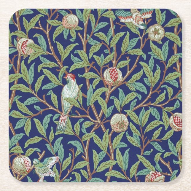 Pomegranate and Little Bird, William Morris Square Paper Coaster (Front)
