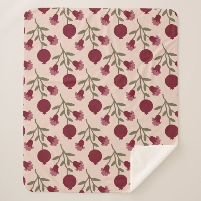 Pomegranate Branch With Blooms And Fruits Sherpa Blanket (Front)