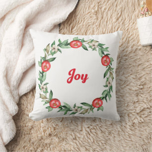 Pomegranate Christmas Wreath Throw Pillow Joy