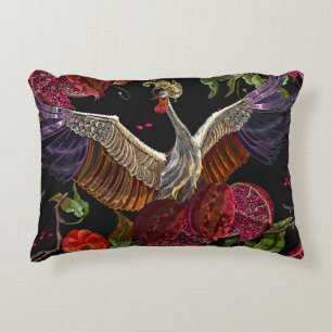 Pomegranate Crane Roses: Embroidery Art Accent Pillow