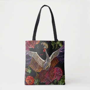 Pomegranate Crane Roses: Embroidery Art Tote Bag