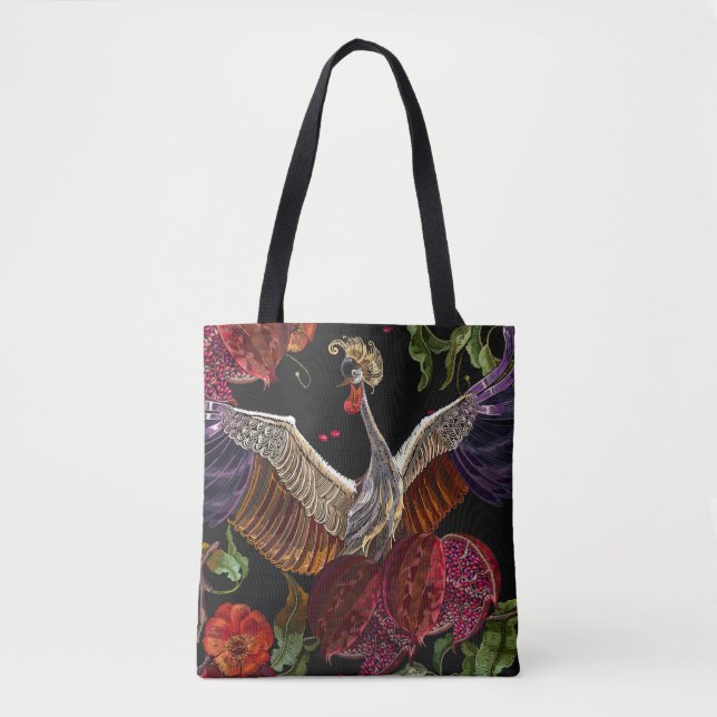 Pomegranate Crane Roses: Embroidery Art Tote Bag (Front)