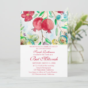 Pomegranate Elegant Floral Jewish Girl Bat Mitzvah Invitation