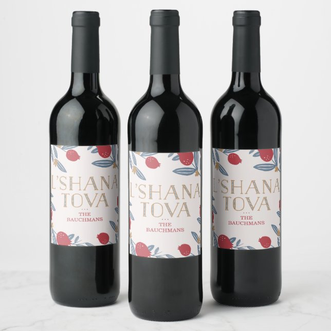 Pomegranate Florals Rosh Hashanah Wine Label (Bottles)