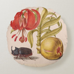 Pomegranate Flower, Fruit and Rhinoceros Beetle Round Pillow