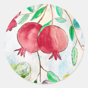 Pomegranate fruit watercolor art red tropical  classic round sticker
