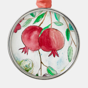 Pomegranate fruit watercolor dessert Vintage Metal Ornament