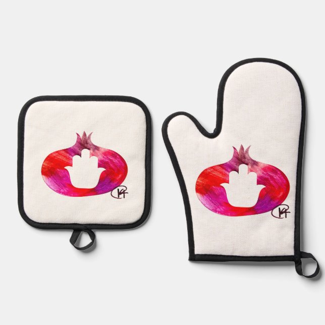 Pomegranate Hamsa Art Oven Mitt & Pot Holder Set (Front)