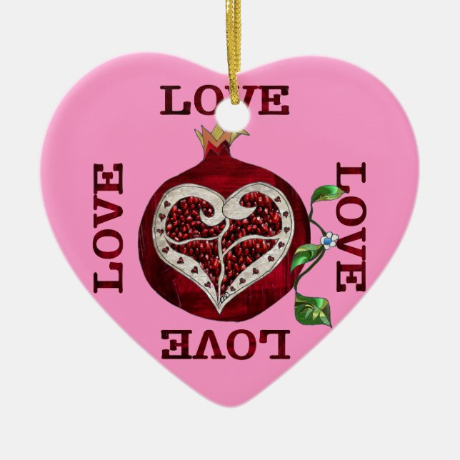 Pomegranate Heart LOVE Valentine Ceramic Ornament (Front)