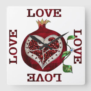 Pomegranate Heart LOVE Valentine Square Wall Clock