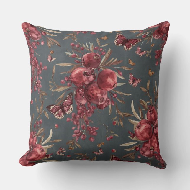  Pomegranate & Olive Botanical Throw Pillow | Wine (Front)