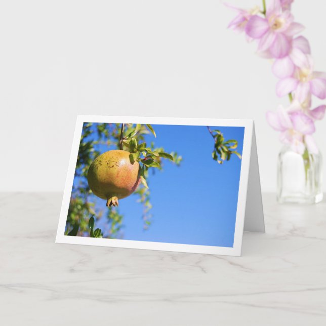 Pomegranate on Tree, Blue Sky Portrait Card (Orchid)