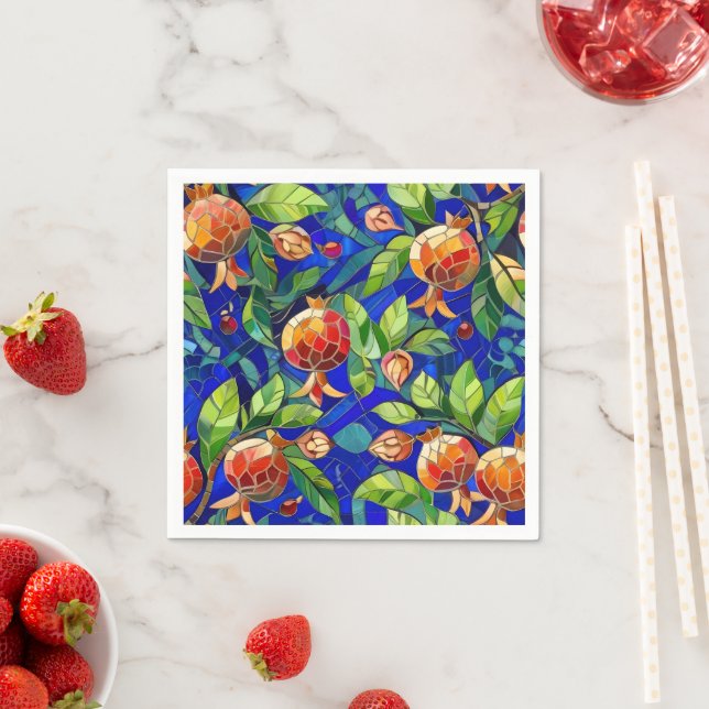 Pomegranate Pattern Dark Blue and Red Fruit Mosaic Napkin (Insitu)