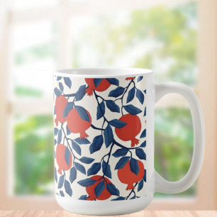 Pomegranate Pattern, Vibrant Red & Blue Botanical  Coffee Mug