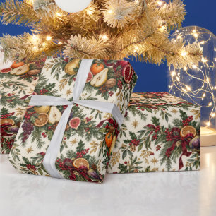Pomegranate Pear Fig Botanical Christmas Fruit Wrapping Paper