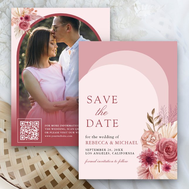 Pomegranate Pink Floral Pampas Arch Photo QR Code Save The Date (Creator Uploaded)