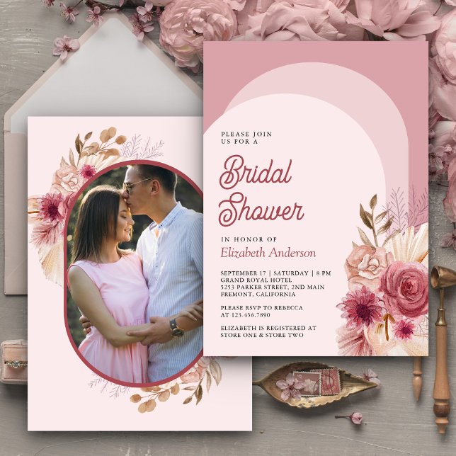 Pomegranate Pink Floral Pampas Photo Bridal Shower Invitation (Creator Uploaded)
