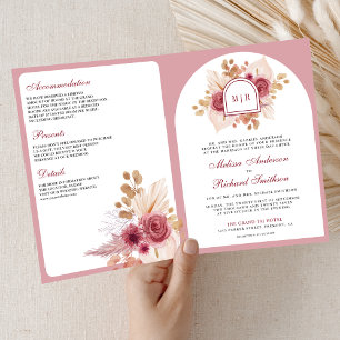 Pomegranate Pink Floral Pampas QR Code Wedding Invitation