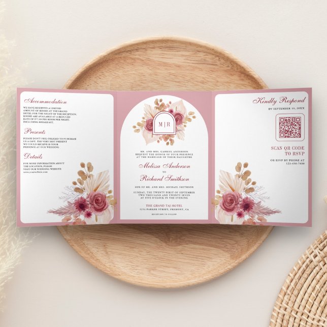 Pomegranate Pink Floral Pampas QR Code Wedding Tri-Fold Invitation (Creator Uploaded)