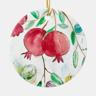 Pomegranate red fruit vintage watercolor tree ceramic ornament