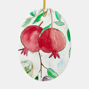 Pomegranate red fruit watercolor vintage tree ceramic ornament