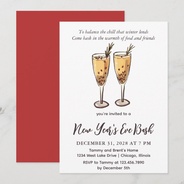 Pomegranate Rosemary Champagne New Year's Eve Invitation (Front/Back)
