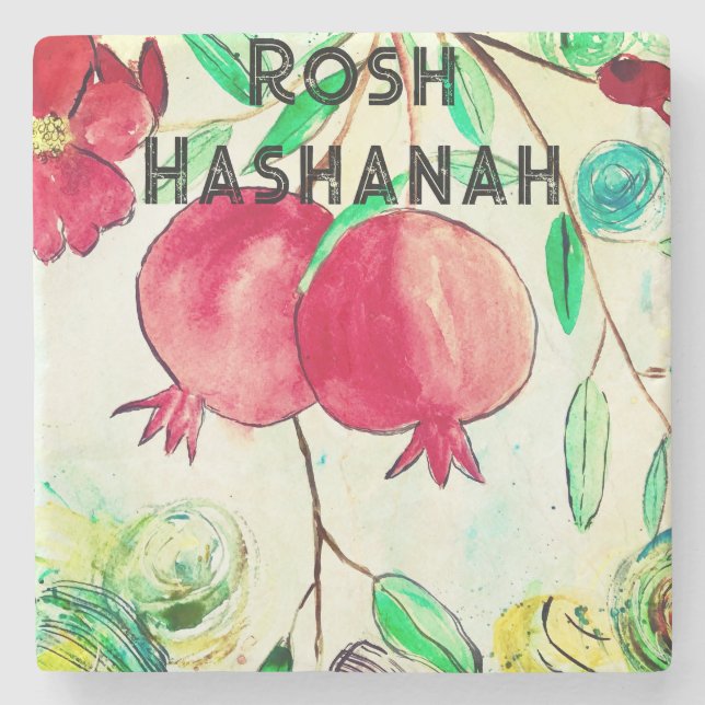 Pomegranate Rosh Hashanah Fruit Shana Tova Stone Coaster (Front)