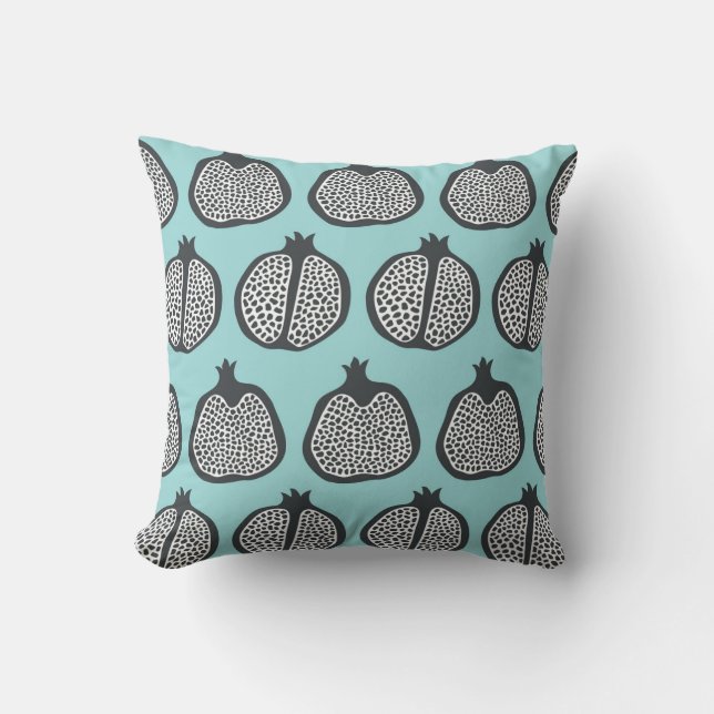 Pomegranate Slices: Black Aqua Pattern. Throw Pillow (Front)