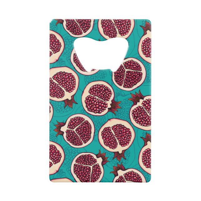 Pomegranate slices on turquoise credit card bottle opener (Front)