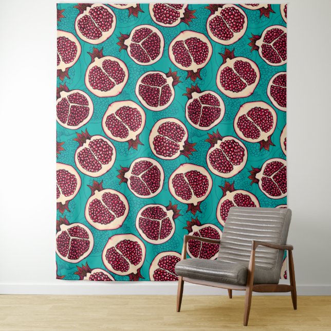 Pomegranate slices on turquoise tapestry (In Situ)