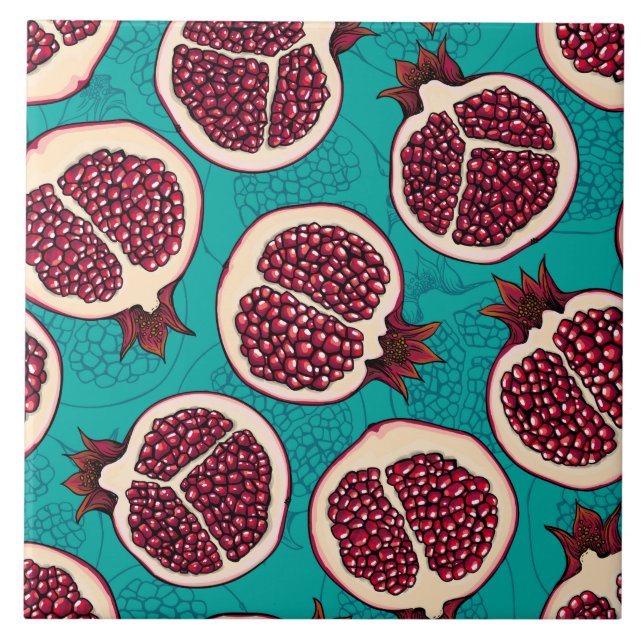 Pomegranate slices on turquoise tile (Front)