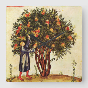 POMEGRANATE TREE ANTIQUE MEDIEVAL PARCHMENT,Rustic Square Wall Clock