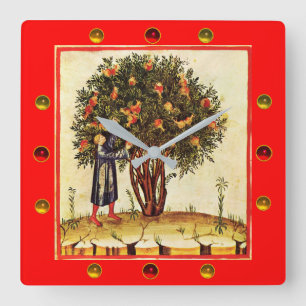 POMEGRANATE TREE MEDIEVAL MINIATURE ,Gemstones,Red Square Wall Clock