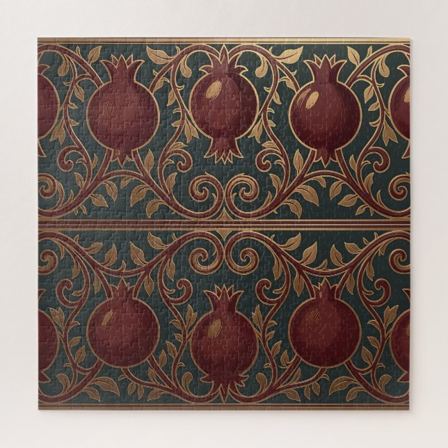 Pomegranate Vine Pattern Dark Green Gold Ornate Jigsaw Puzzle (Vertical)