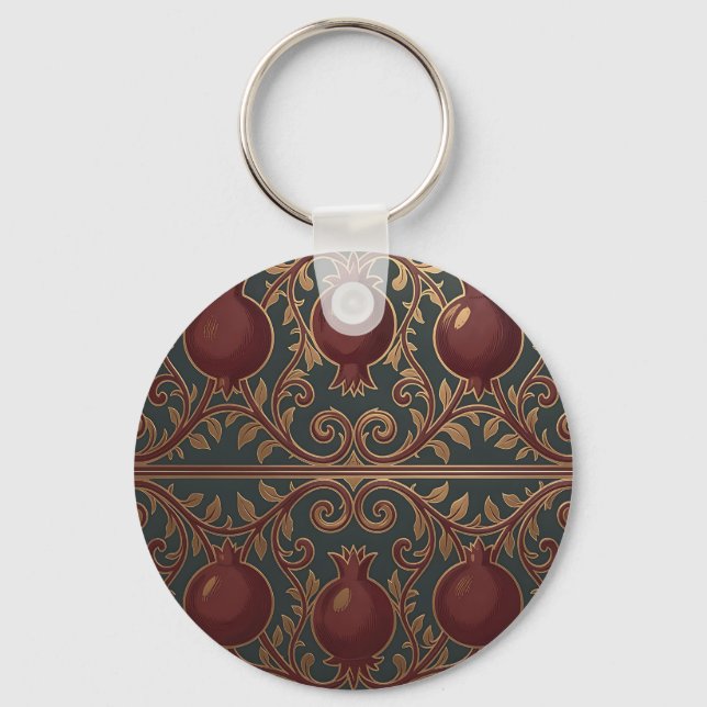 Pomegranate Vine Pattern Dark Green Gold Ornate Keychain (Front)