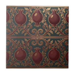 Pomegranate Vine Pattern Dark Green Gold Ornate Tile
