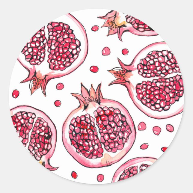 Pomegranate watercolor and ink pattern classic round sticker (Front)