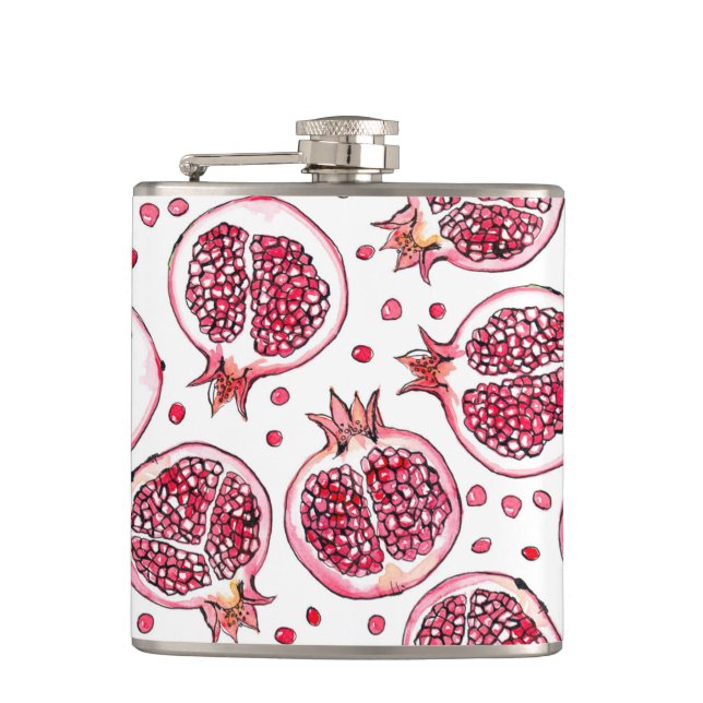 Pomegranate watercolor and ink pattern hip flask (Front)