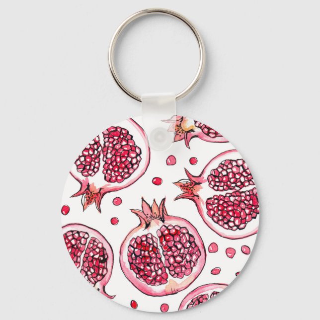Pomegranate watercolor and ink pattern keychain (Front)