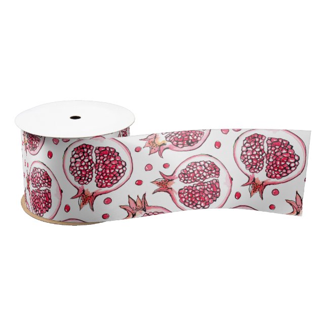 Pomegranate watercolor and ink pattern satin ribbon (Spool)