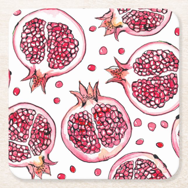 Pomegranate watercolor and ink pattern square paper coaster (Front)