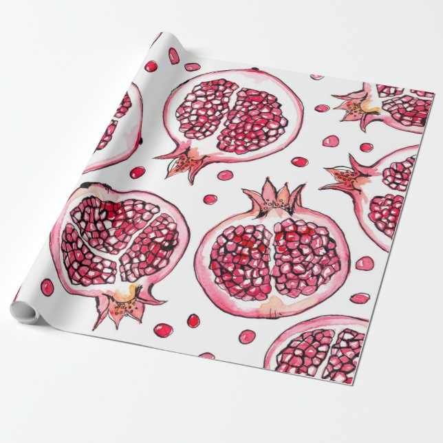 Pomegranate watercolor and ink pattern wrapping paper (Unrolled)